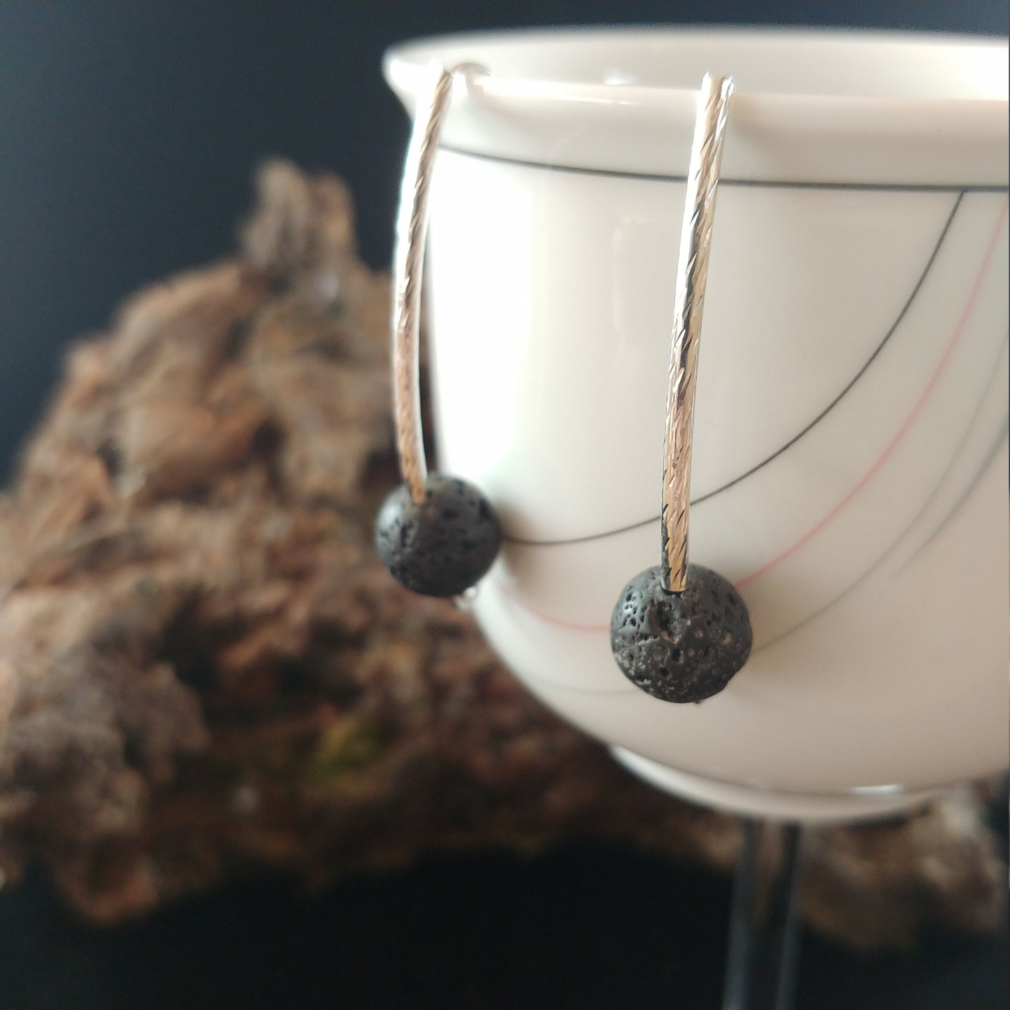 Long Curved Brass Earrings With 10mm Lava Rock - Iceland Lava Earrings