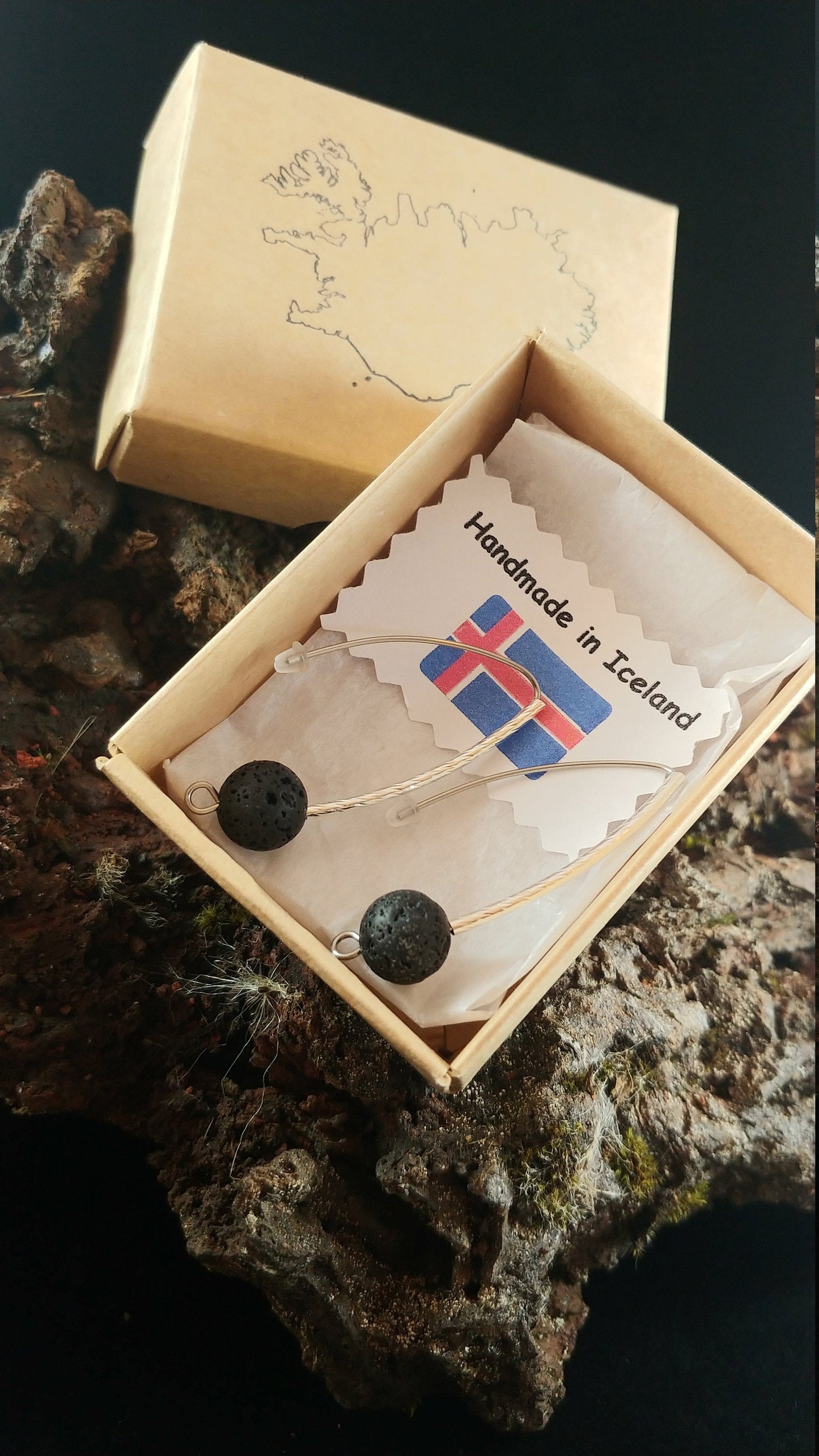 Long Curved Brass Earrings With 10mm Lava Rock - Iceland Lava Earrings