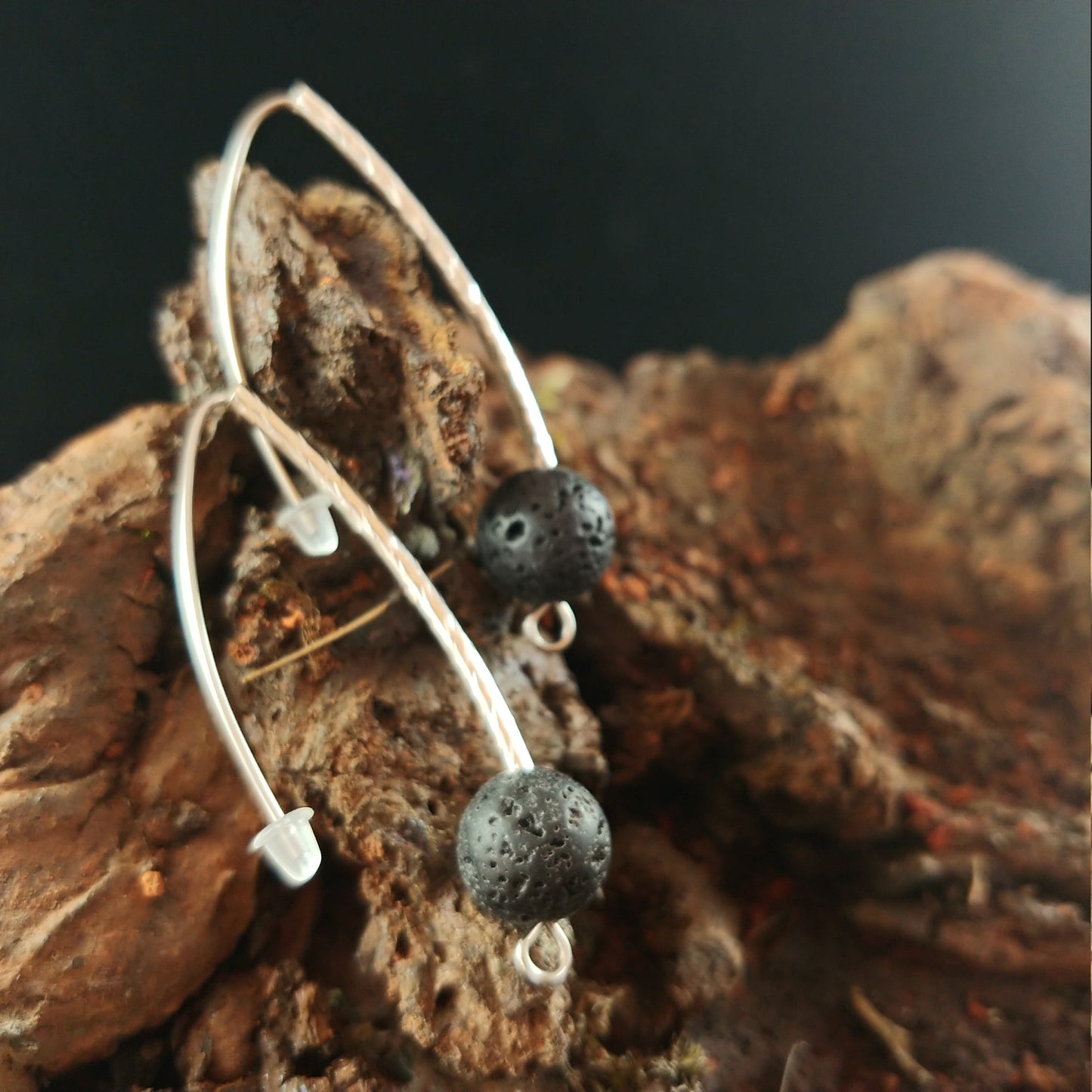 Long Curved Brass Earrings With 10mm Lava Rock - Iceland Lava Earrings