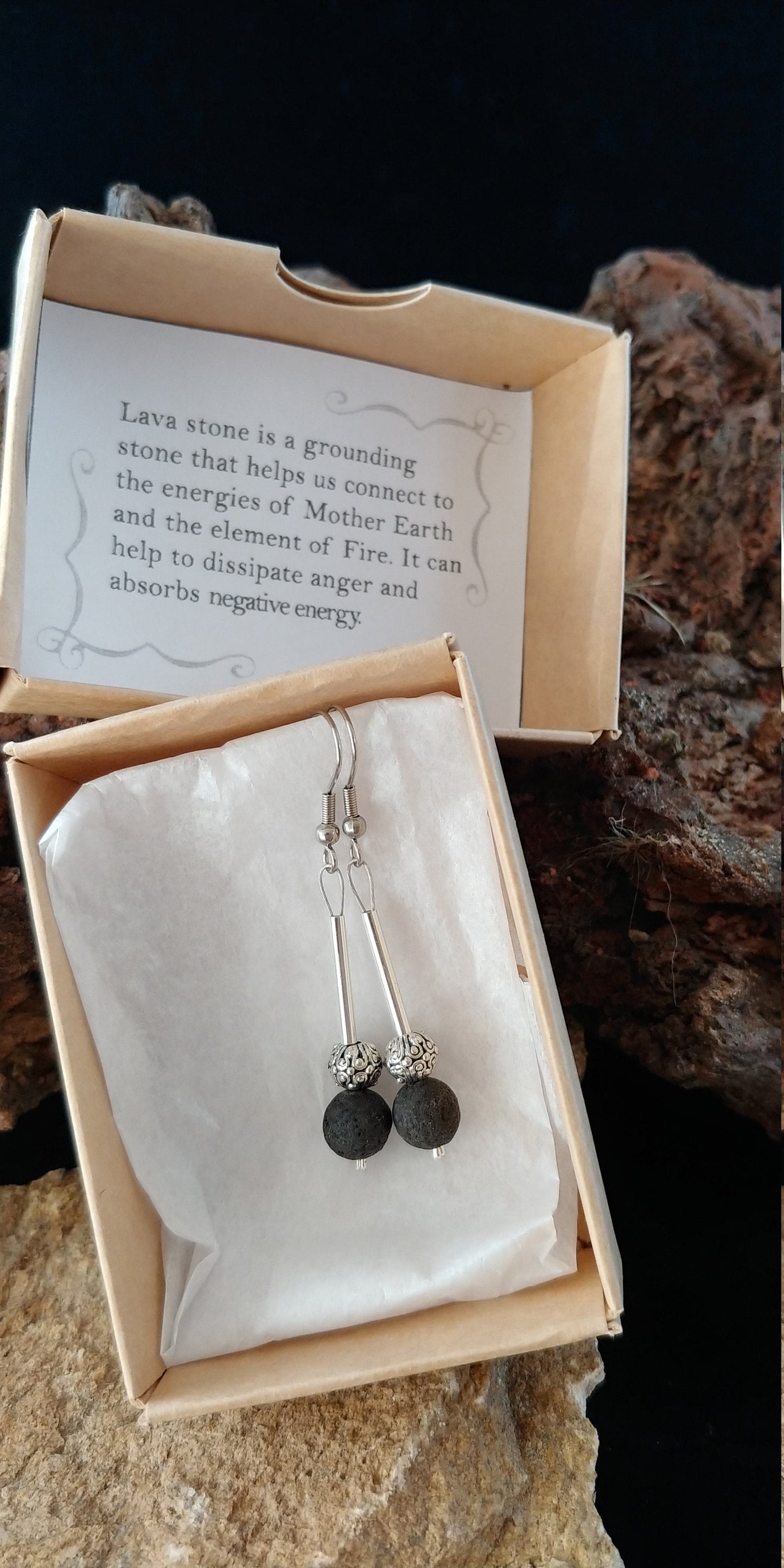 Lava Rock Silver Tube Earrings with Beautiful Round Spacer Bead