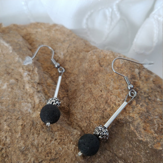 Lava Rock Earrings with a long Silver Tube