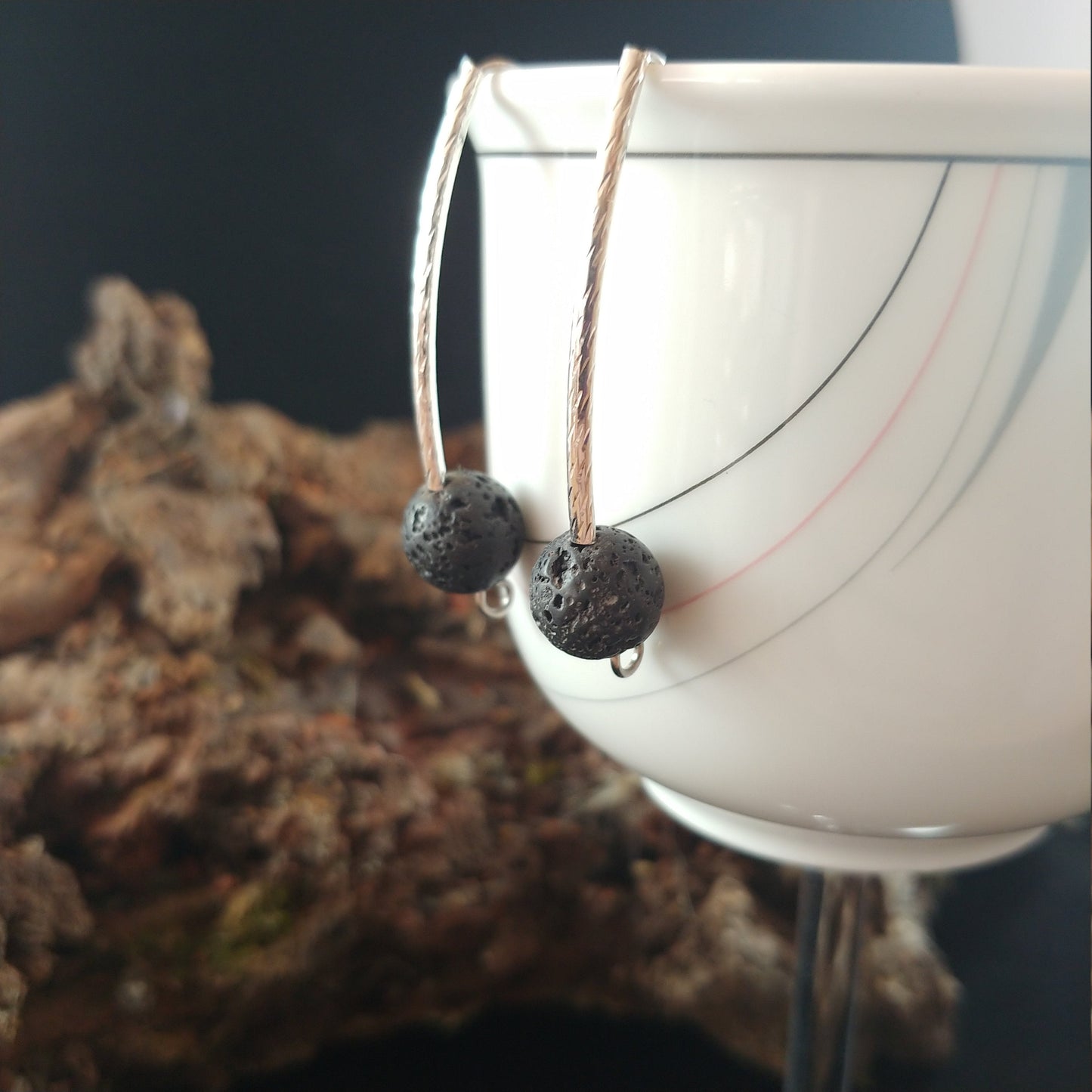 Long Curved Brass Earrings With 10mm Lava Rock - Iceland Lava Earrings