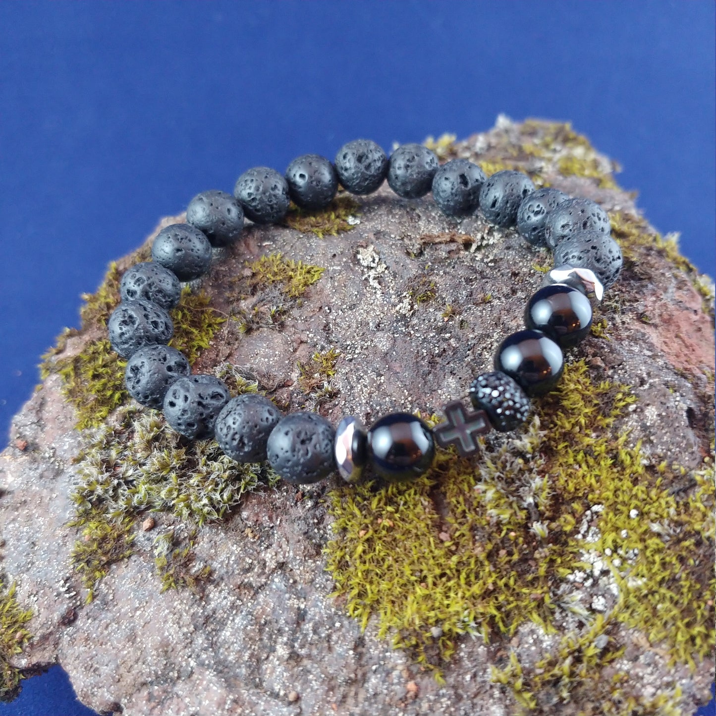 Lava and Onyx Bracelet with Hematite Cross