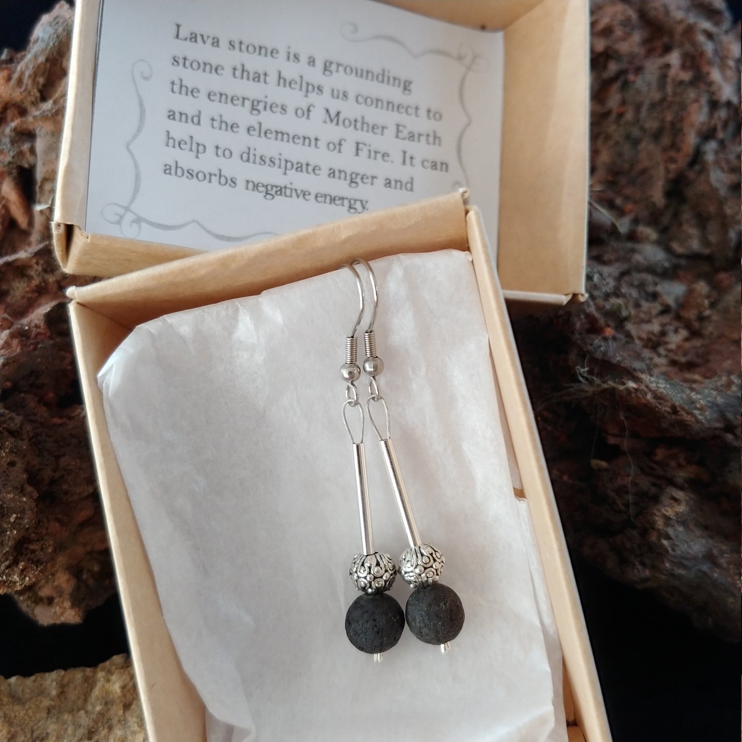 Lava Rock Silver Tube Earrings with Beautiful Round Spacer Bead