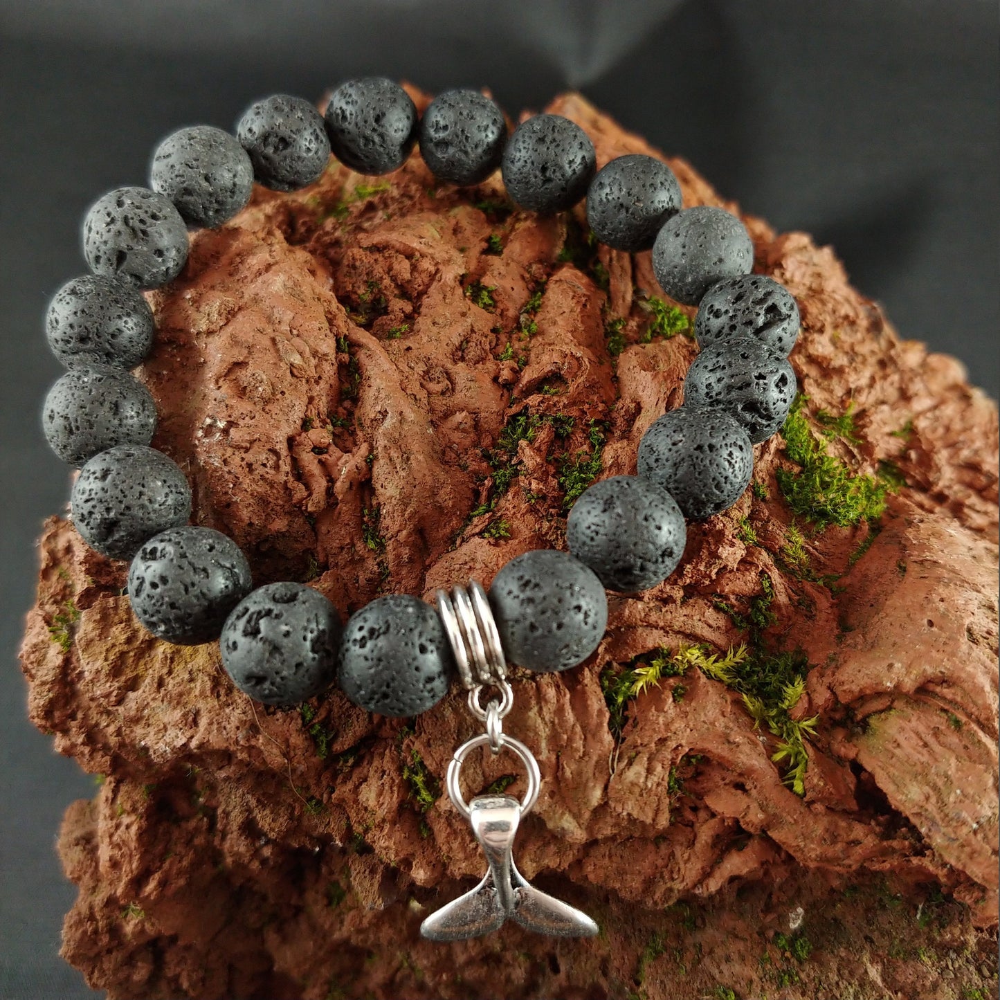 Lava Whale Tail Bracelet - Icelandic Whale Bracelet with 10mm Lava and a Whale Tail Charm
