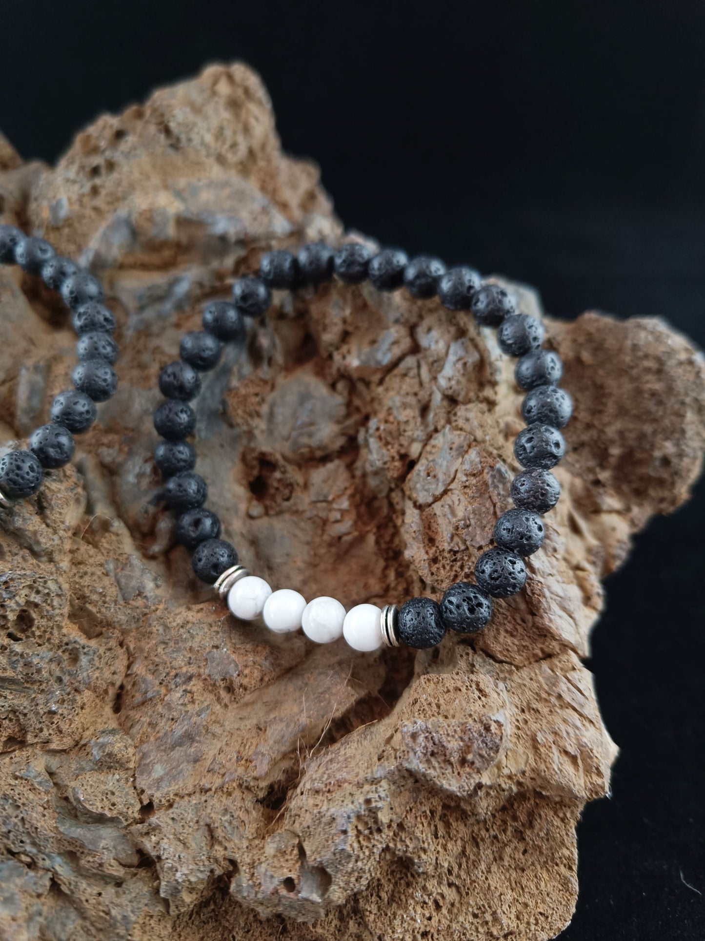6mm LavaRock bracelets - White Natural Howlite and Black Onyx