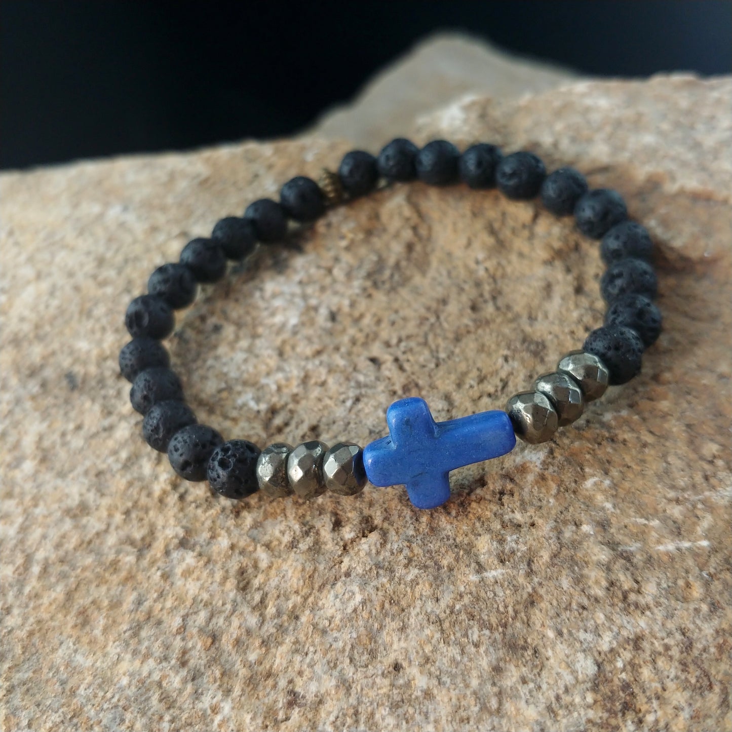 Cross Lava Bracelet with Colored Cross and Natural Iron Pyrite Gemstone