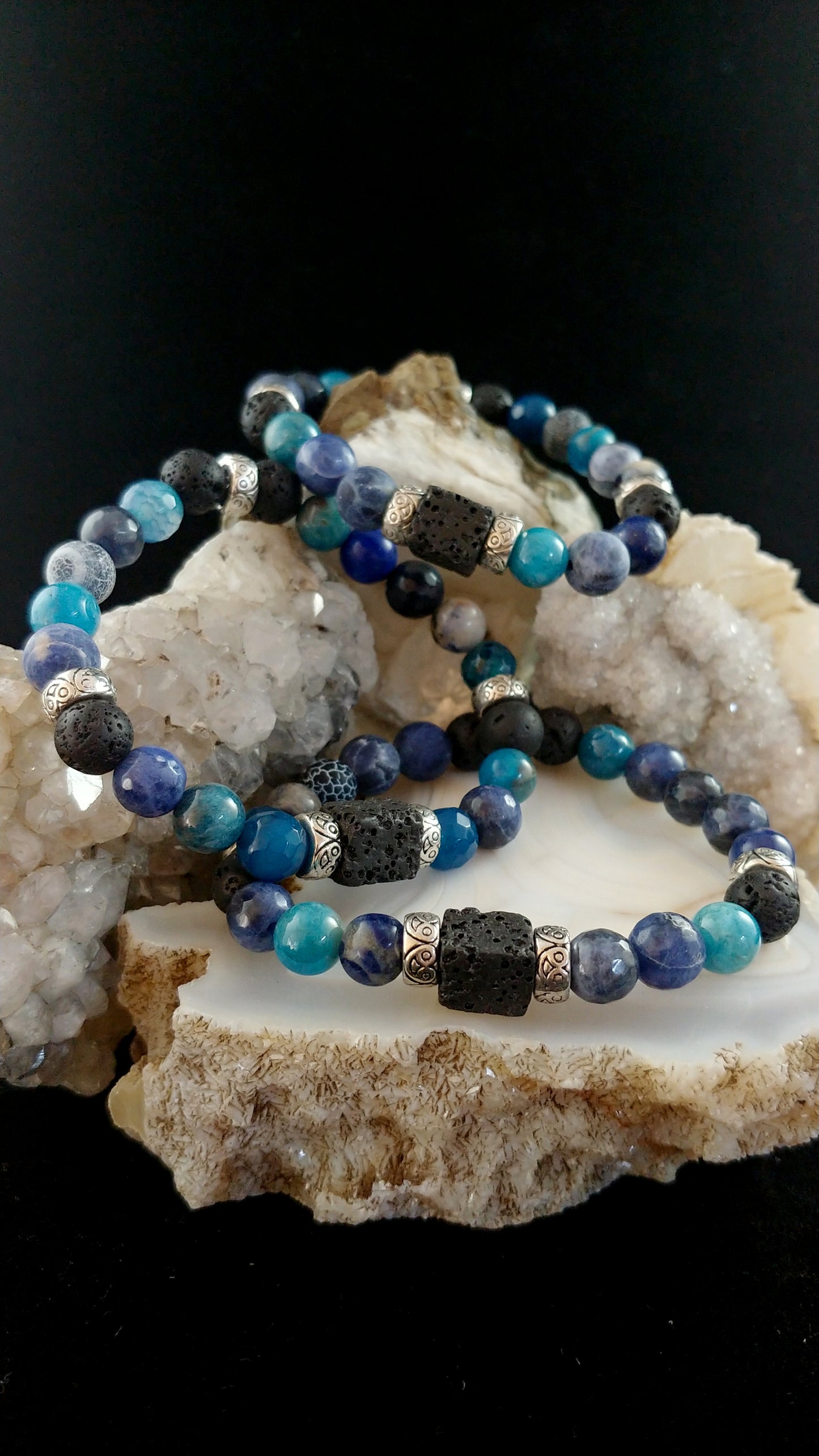 Mix of Blue Gemstone Beads and Lava Cube Bracelet