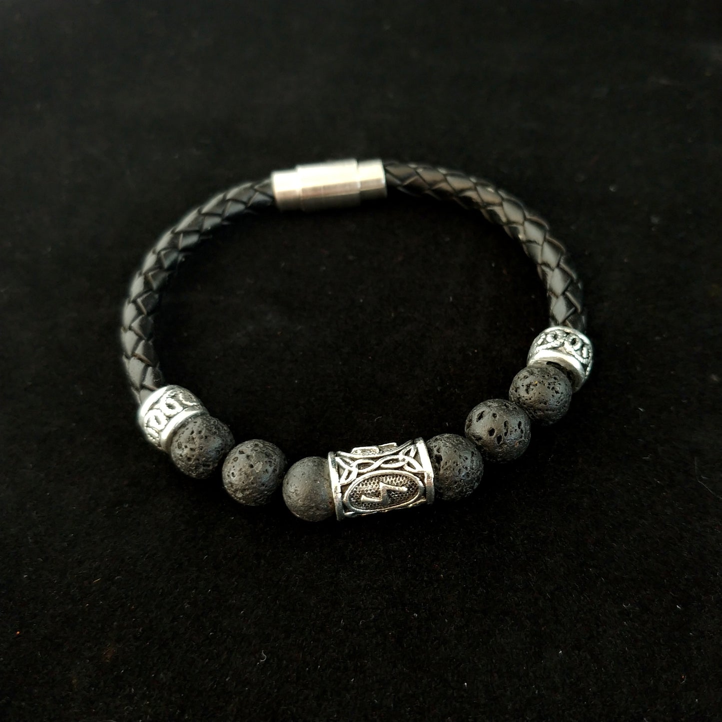 Icelandic Braided Leather Runes Lava Bracelet - Runic Viking Jewelry