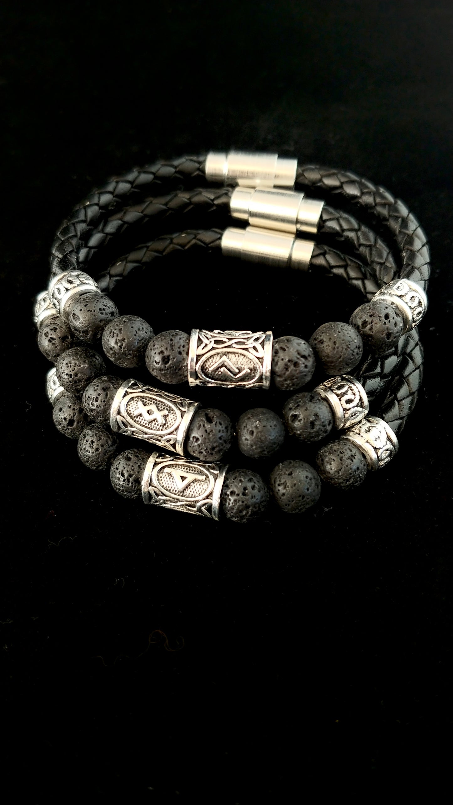 Icelandic Braided Leather Runes Lava Bracelet - Runic Viking Jewelry