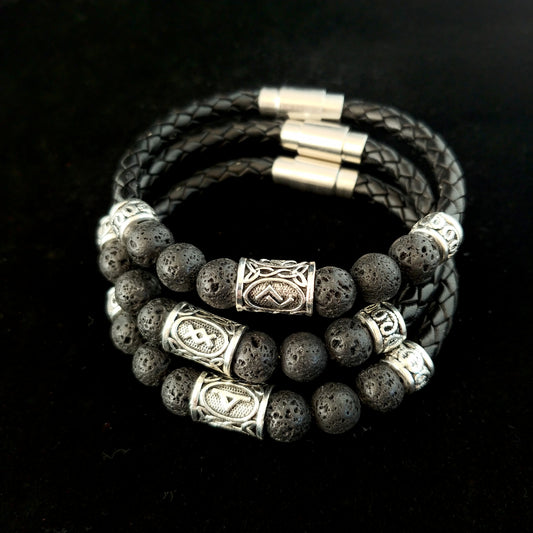 Icelandic Braided Leather Runes Lava Bracelet - Runic Viking Jewelry