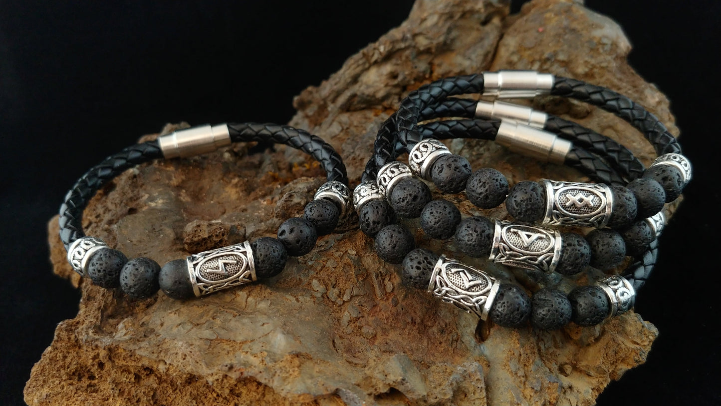Icelandic Braided Leather Runes Lava Bracelet - Runic Viking Jewelry