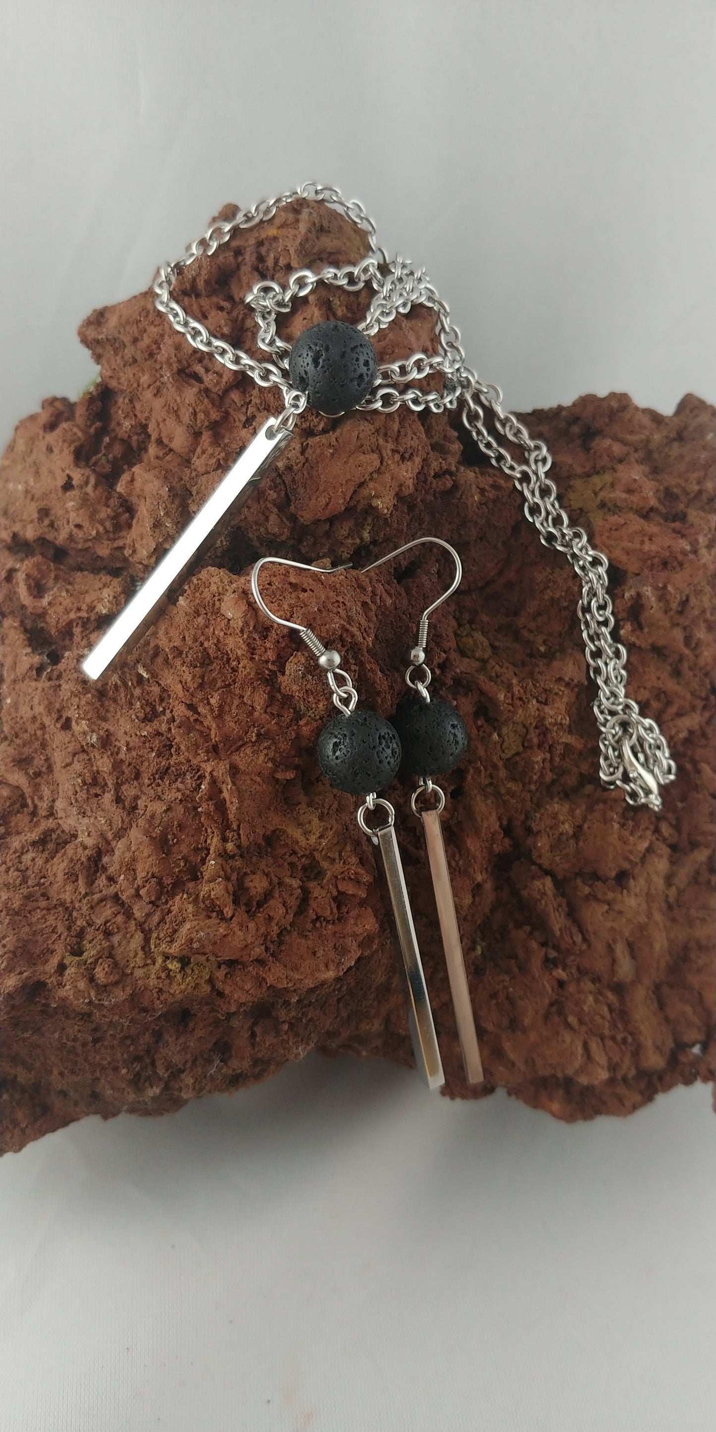 The Lava and Silver Bar Jewelry Set - Set of Earrings and Necklace with Silver Steel Bar and Lava - The Monolith Series - Iceland
