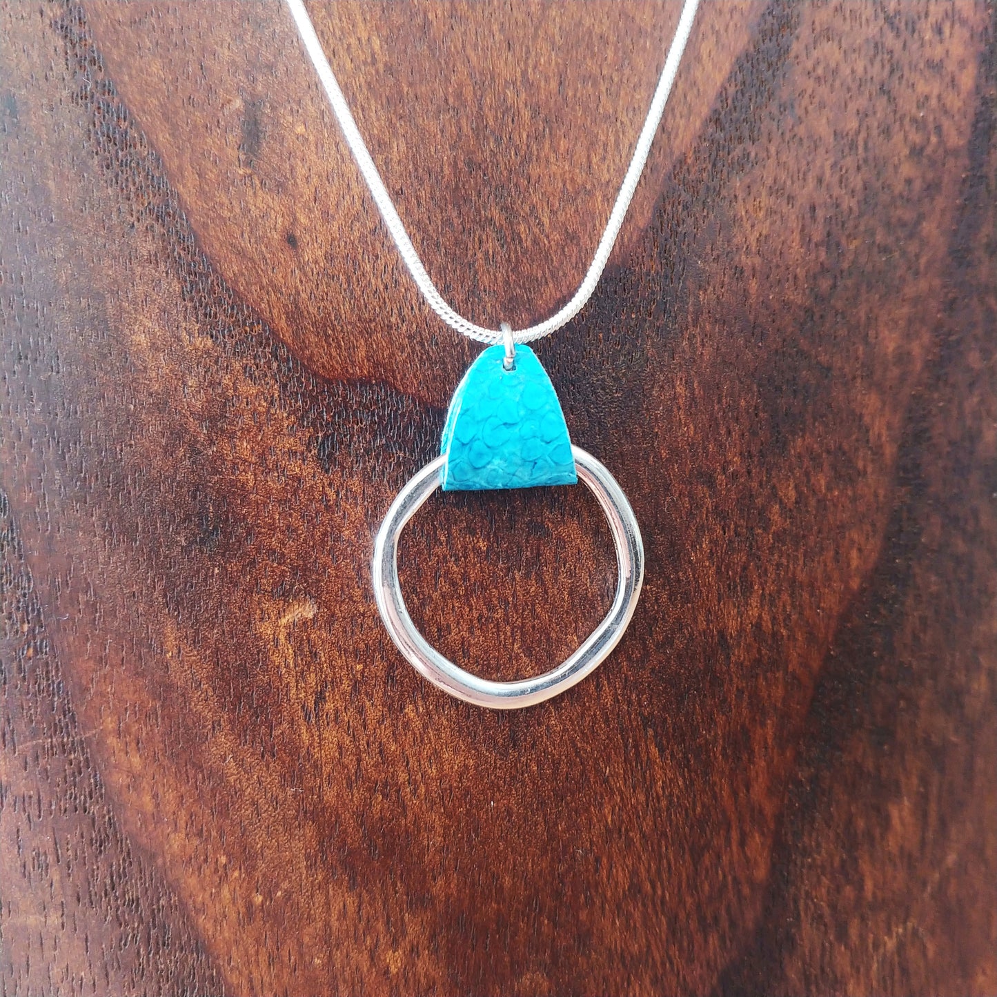 Blue Salmon Leather Silver Circle Necklace - Icelandic Fish Leather Jewelry - Handmade in Iceland
