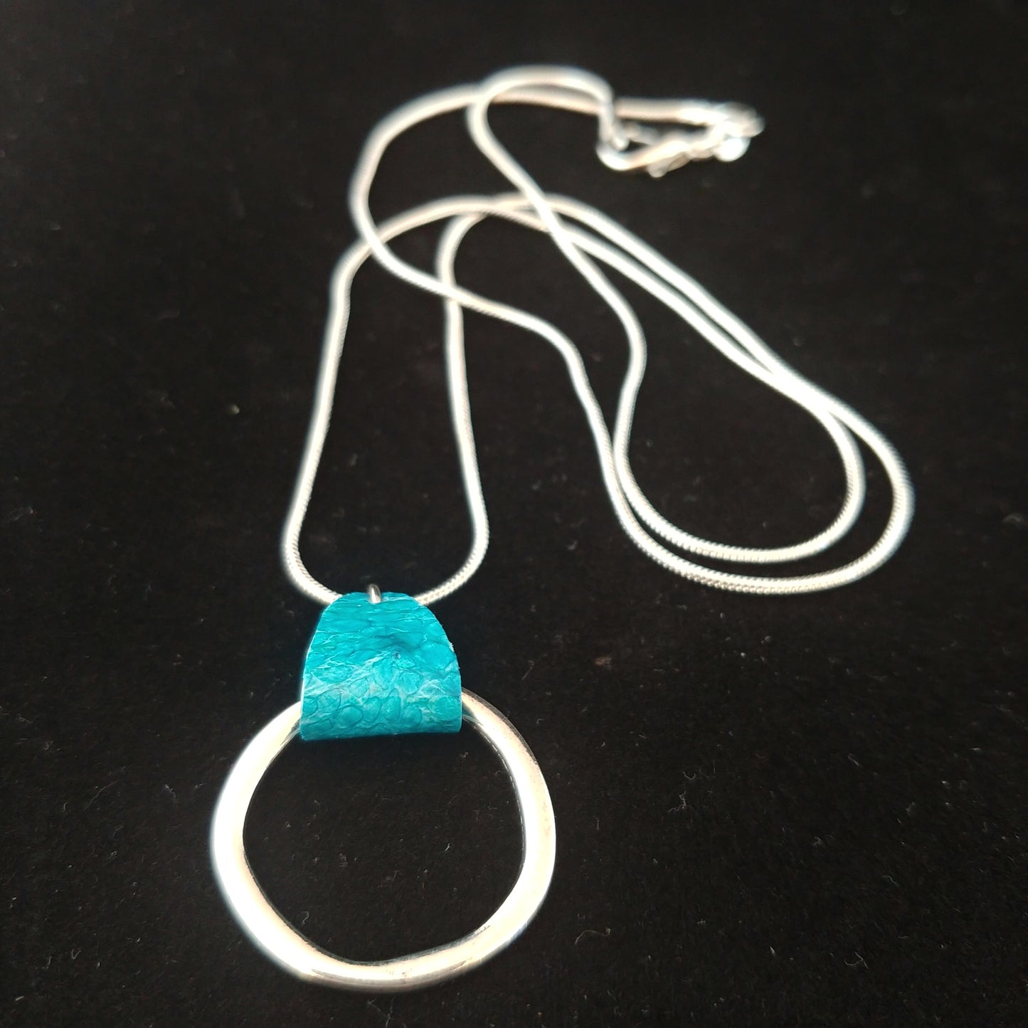 Blue Salmon Leather Silver Circle Necklace - Icelandic Fish Leather Jewelry - Handmade in Iceland