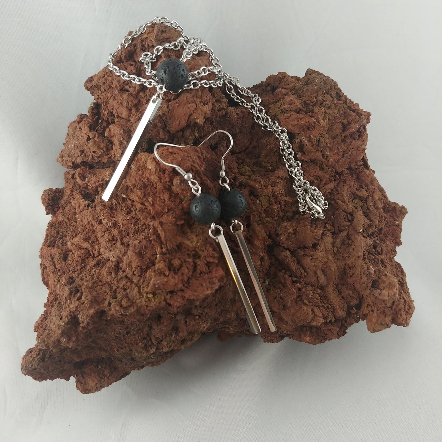The Lava and Silver Bar Jewelry Set - Set of Earrings and Necklace with Silver Steel Bar and Lava - The Monolith Series - Iceland