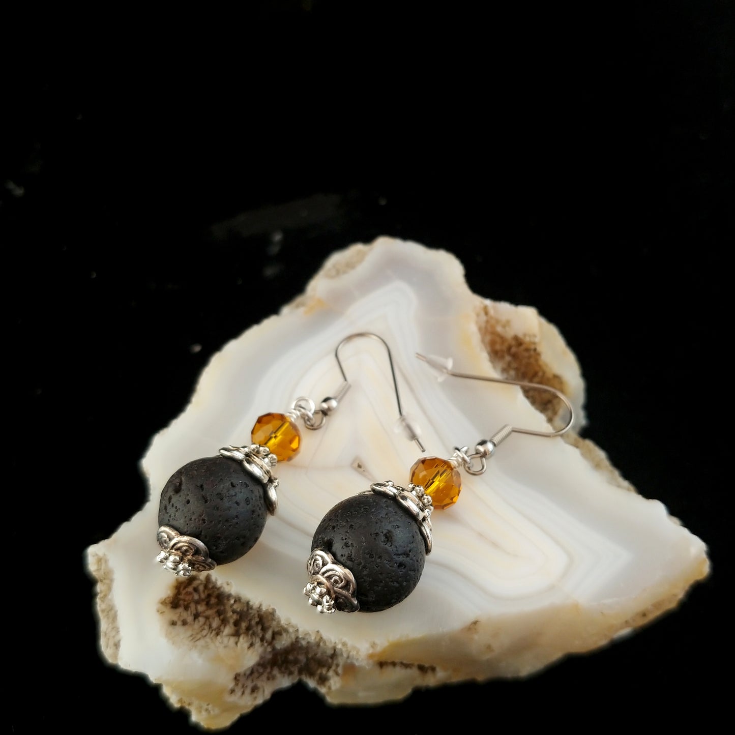 Crystal and Lava Rock Statement Earrings