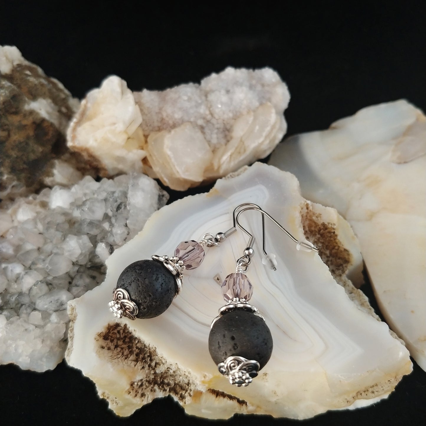 Crystal and Lava Rock Statement Earrings
