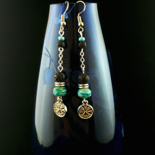 Long Lava and turquoise picasso Vegvísir Earrings - Icelandic Jewelry