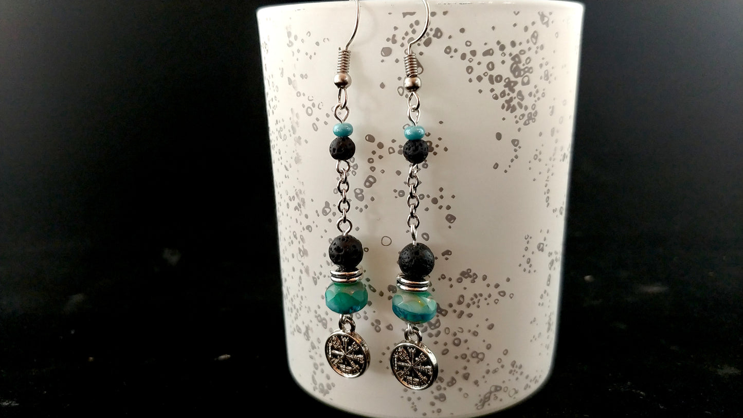 Long Lava and turquoise picasso Vegvísir Earrings - Icelandic Jewelry