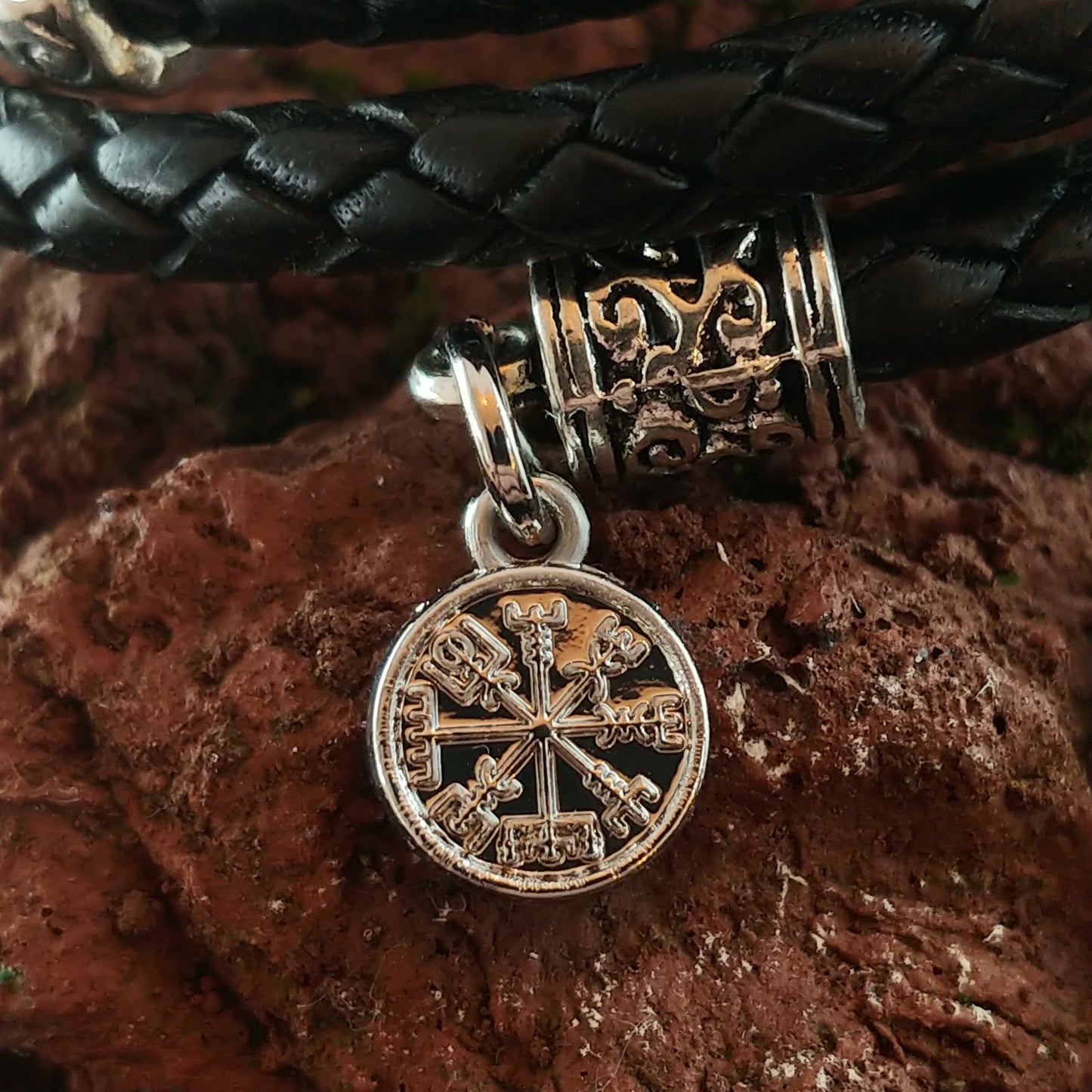 Wrapped Leather Lava Bracelet with Steel Vegvísir and Ægishjálmur charms