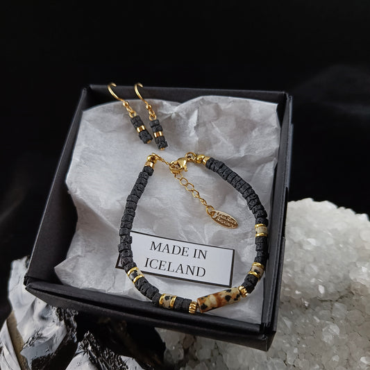LavaRockReykjavik - Golden Dalmatian Jasper Stone Bracelet and Earrings Set