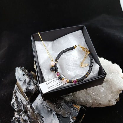 Ruby and Rose Quartz Lava Jewelry set - Necklace and Bracelet - Iceland Lava Jewelry