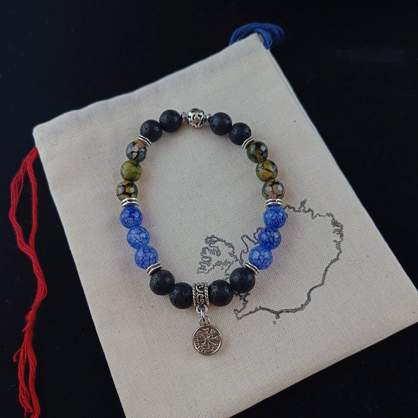 Dragon Veins Agate and Vegvísir Bracelet - blue and dark khaki with Vegvísir charm