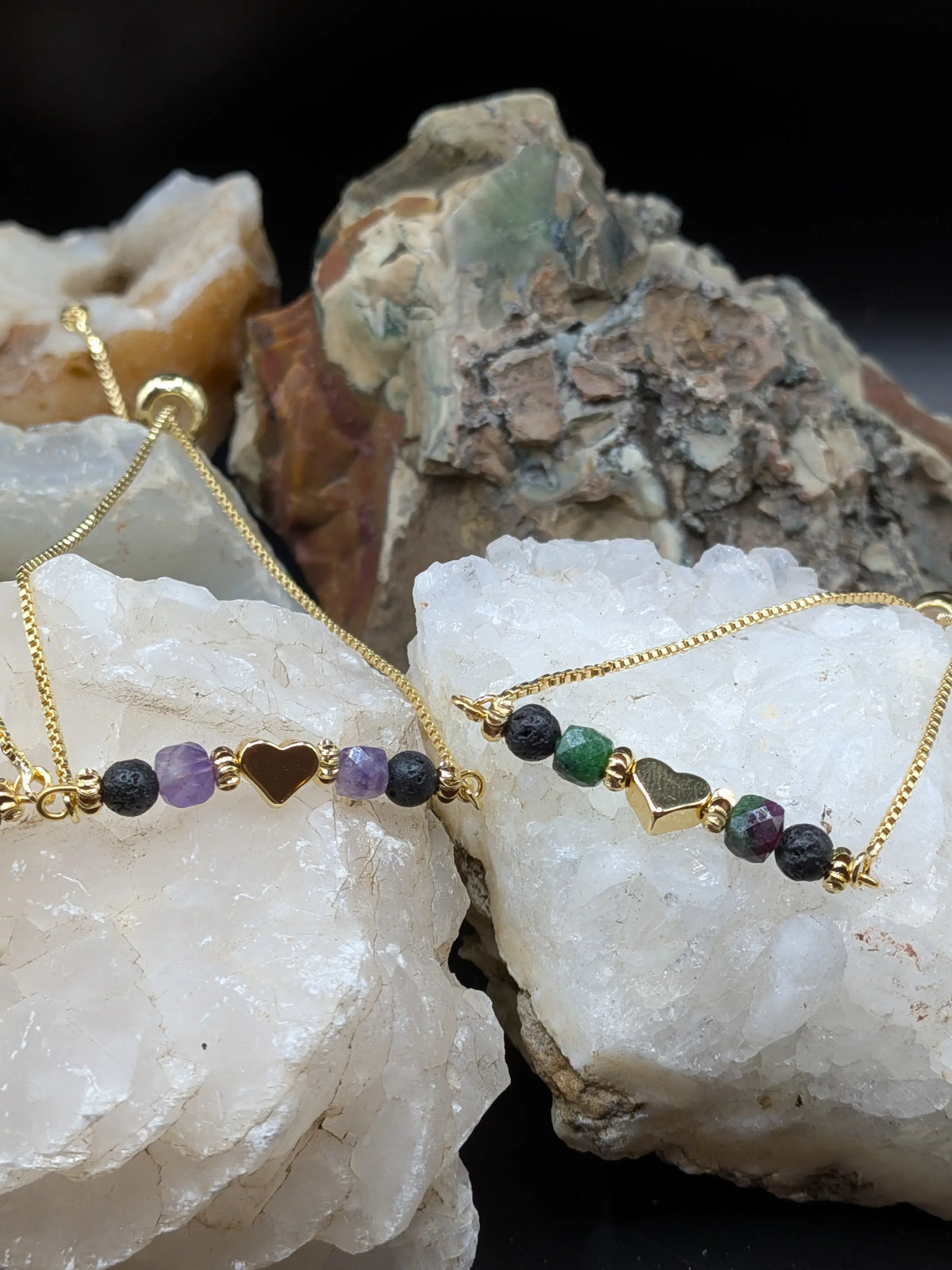 Golden Lava and Gemstone Bracelets - Heart Center Piece