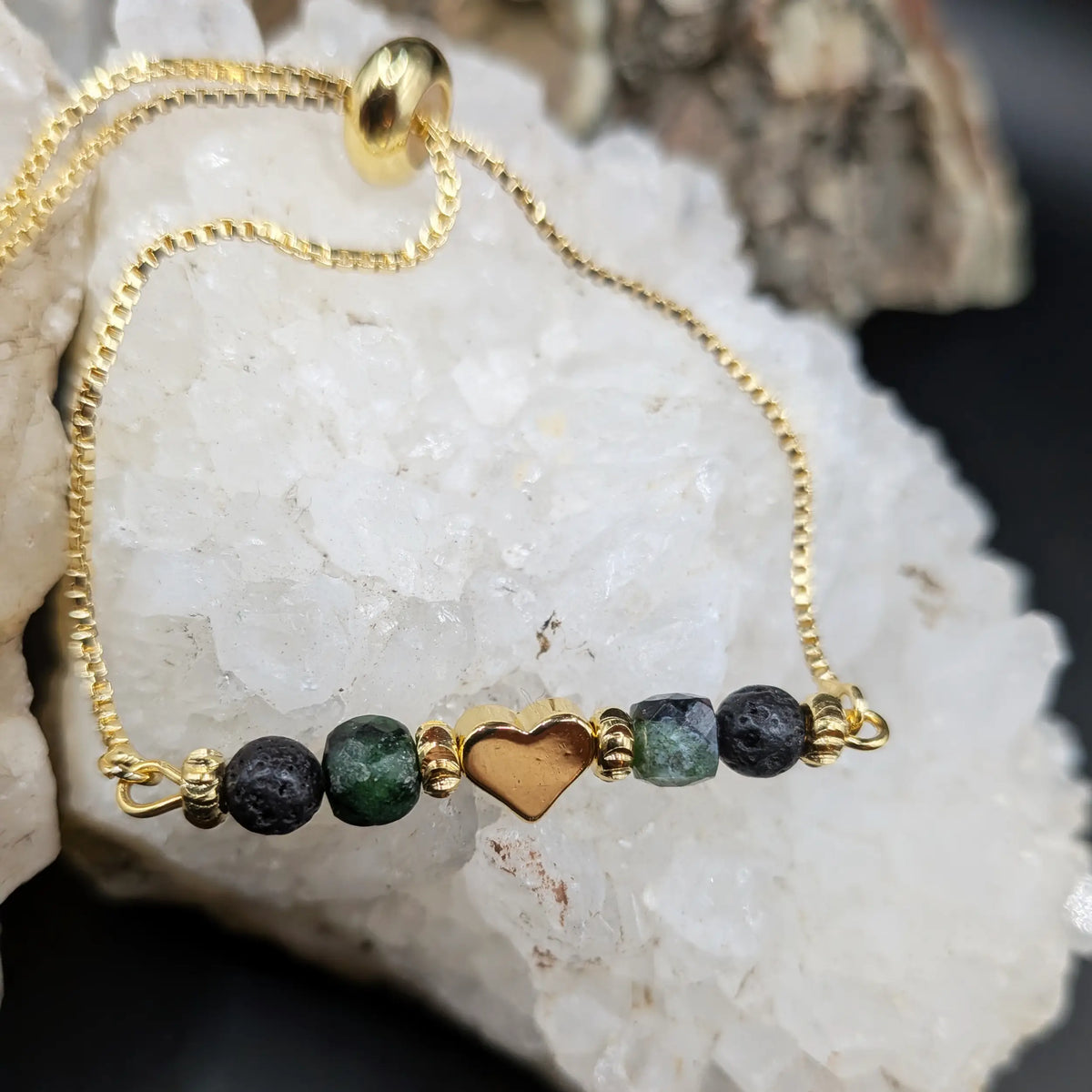 Golden Lava and Gemstone Bracelets - Heart Center Piece