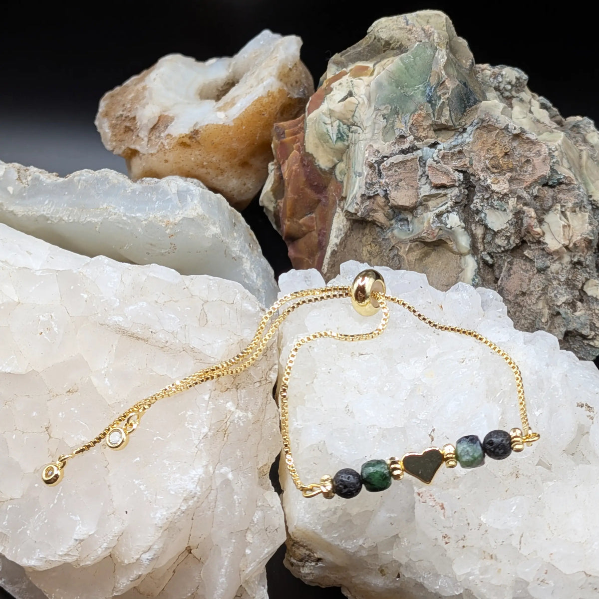 Golden Lava and Gemstone Bracelets - Heart Center Piece
