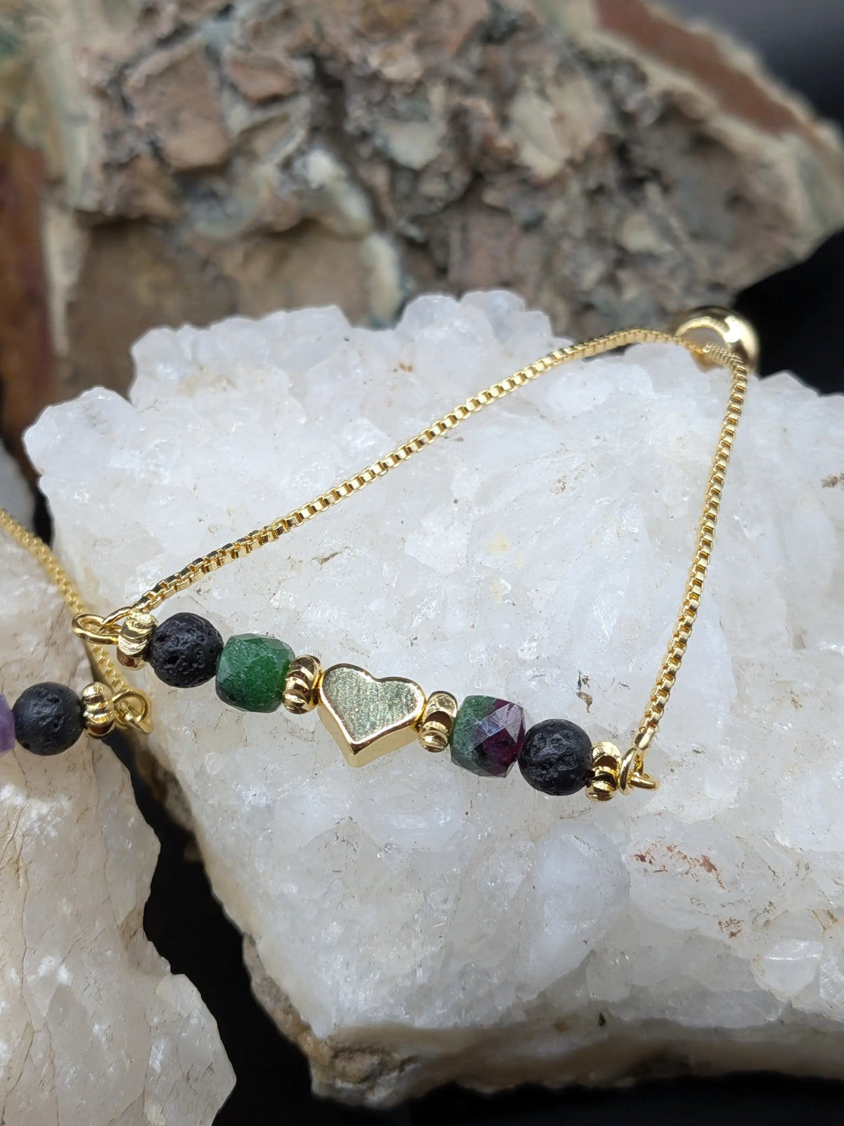 Golden Lava and Gemstone Bracelets - Heart Center Piece