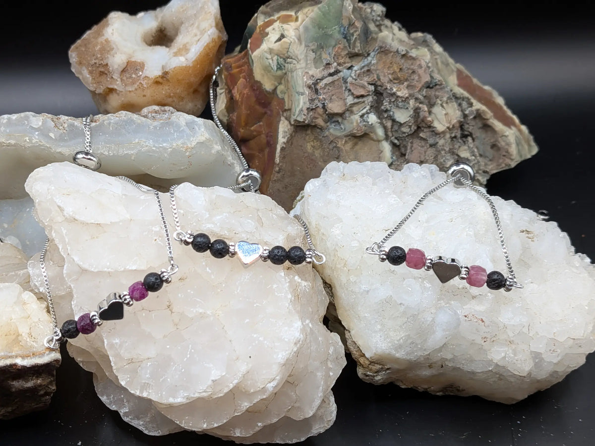 Silver Lava and Gemstone Bracelets - Heart Center Piece