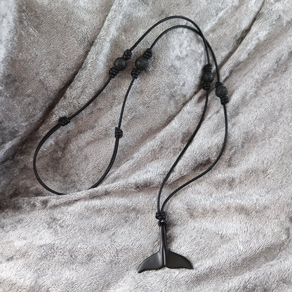 Black Whale Tail Lava Leather Necklace
