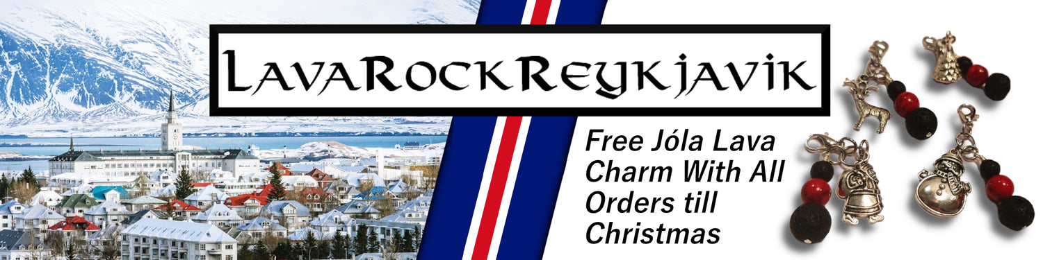 Long banner that has the Lava Rock Reykjavik logo and text that reads Free Christmas Lava Charms with All order till Christmas. On the right side are samples of charms and on the left side there is an image of Reykjavik.