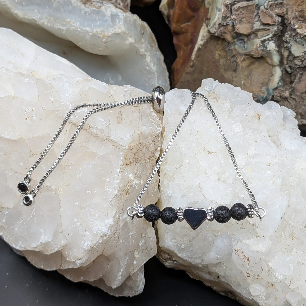 Silver Lava and Gemstone Bracelets - Heart Center Piece