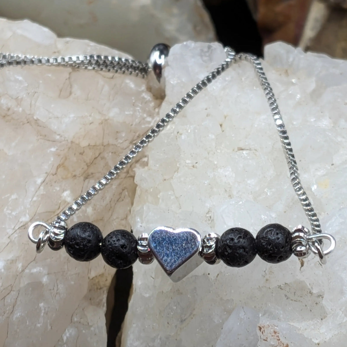 Silver Lava and Gemstone Bracelets - Heart Center Piece