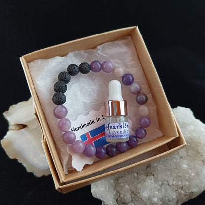 Lilac Chalcedony Lava Diffuser Bracelet - with Lofnarblóm (Lavender) Aroma