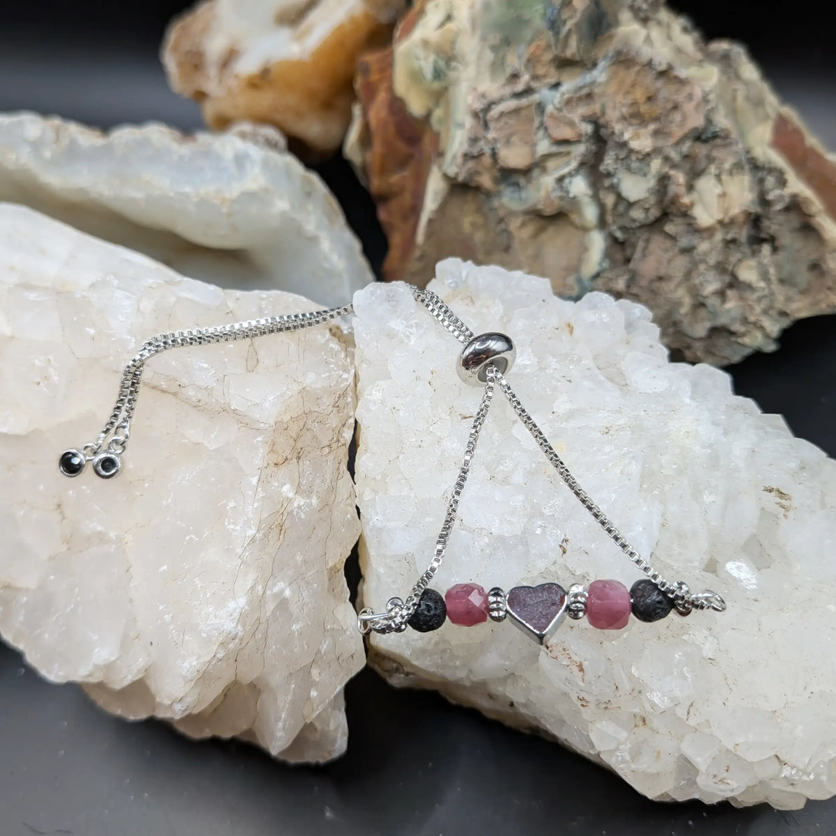 Silver Lava and Gemstone Bracelets - Heart Center Piece