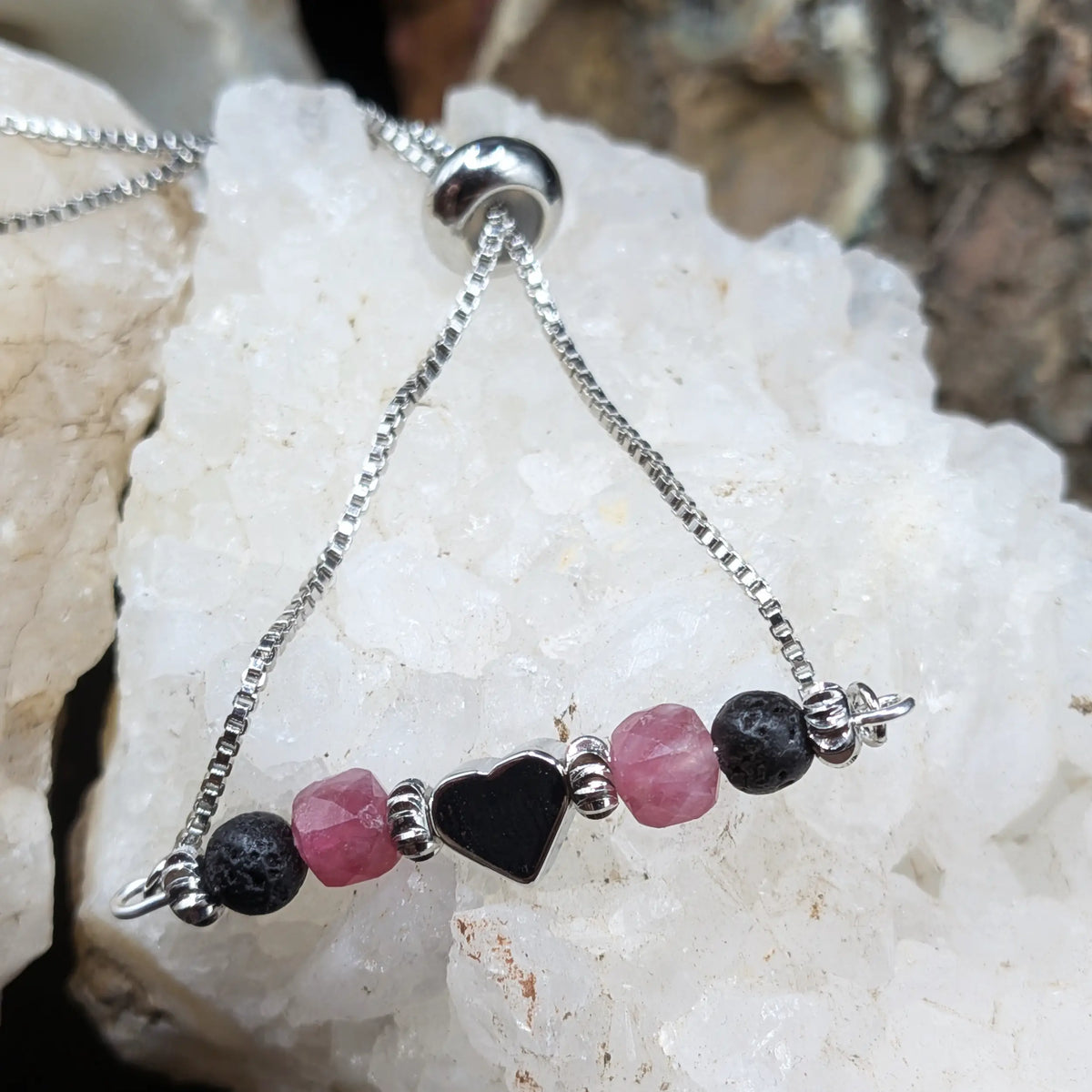 Silver Lava and Gemstone Bracelets - Heart Center Piece