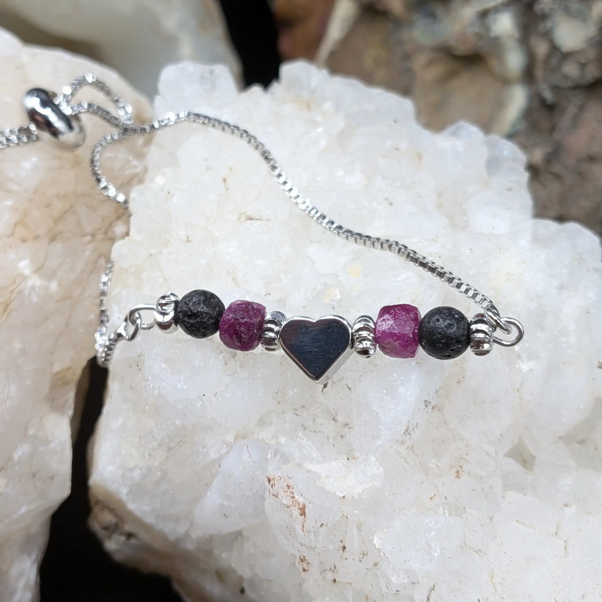 Silver Lava and Gemstone Bracelets - Heart Center Piece