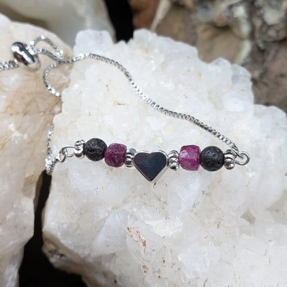 Silver Lava and Gemstone Bracelets - Heart Center Piece