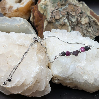 Silver Lava and Gemstone Bracelets - Heart Center Piece