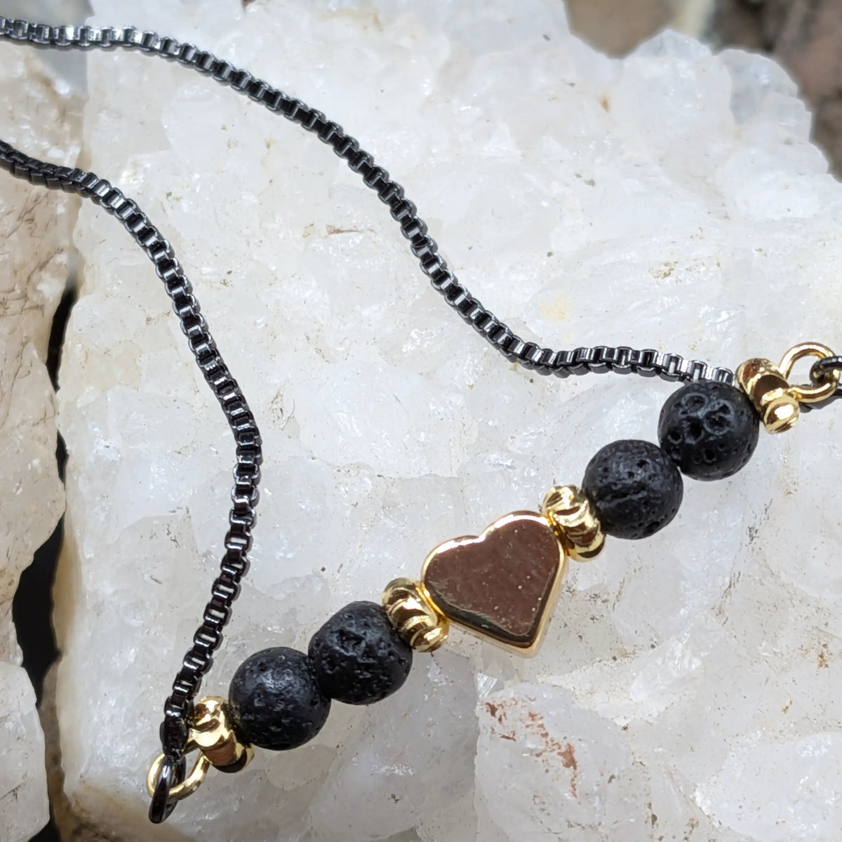 Black Lava and Gemstone Bracelets - Heart Center Piece