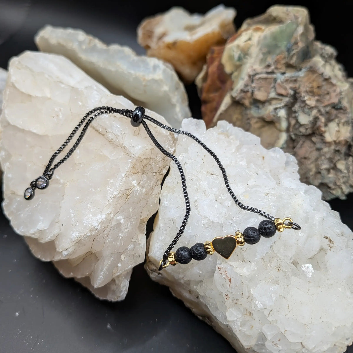 Black Lava and Gemstone Bracelets - Heart Center Piece
