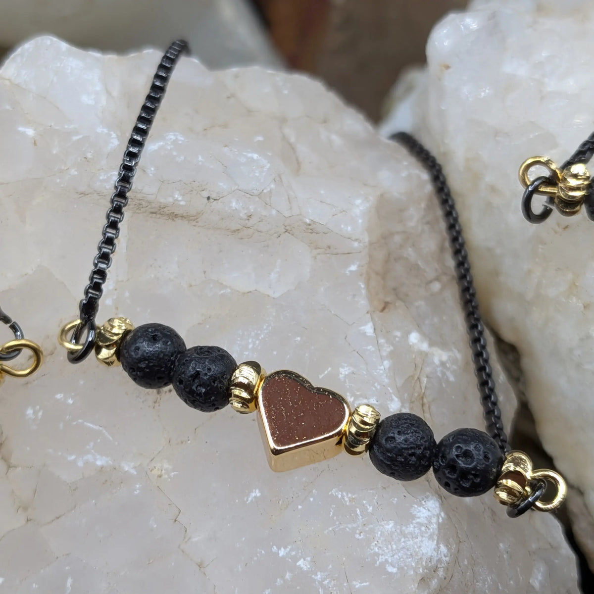 Black Lava and Gemstone Bracelets - Heart Center Piece