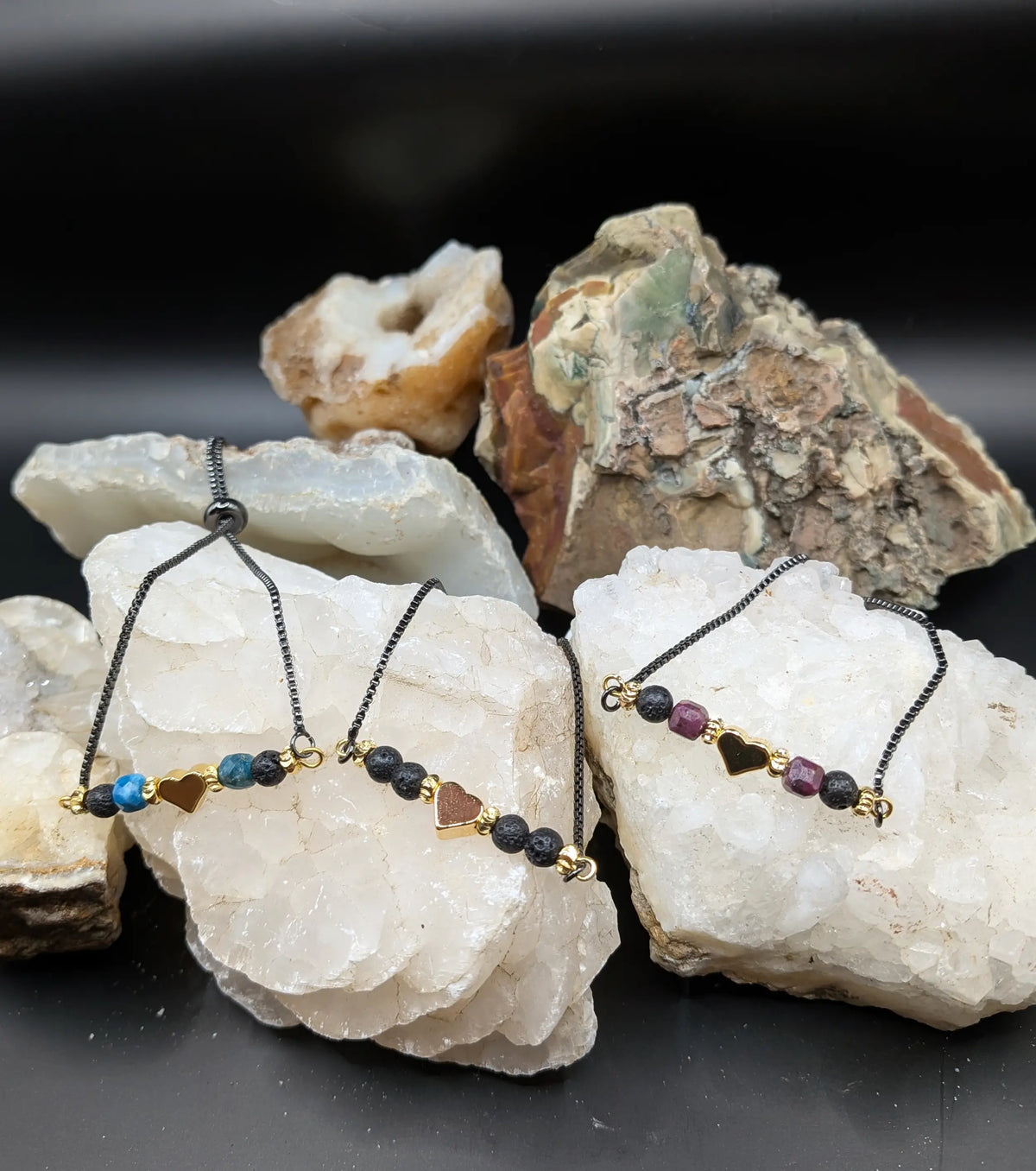 Black Lava and Gemstone Bracelets - Heart Center Piece