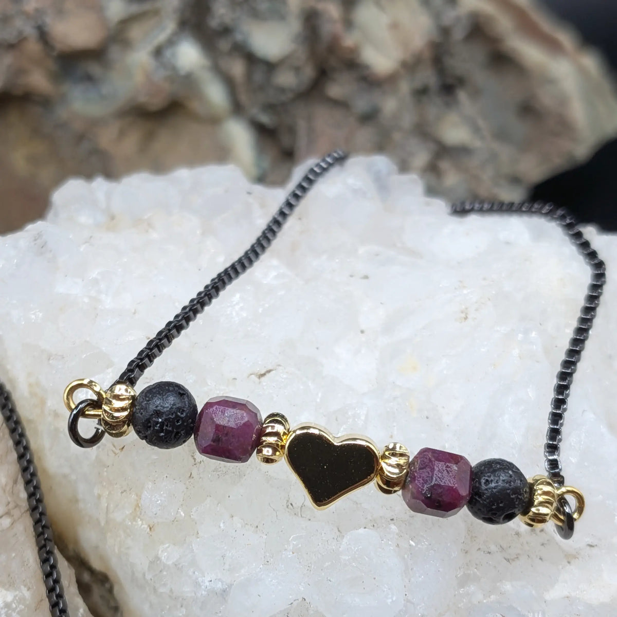 Black Lava and Gemstone Bracelets - Heart Center Piece