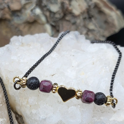 Black Lava and Gemstone Bracelets - Heart Center Piece