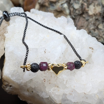 Black Lava and Gemstone Bracelets - Heart Center Piece